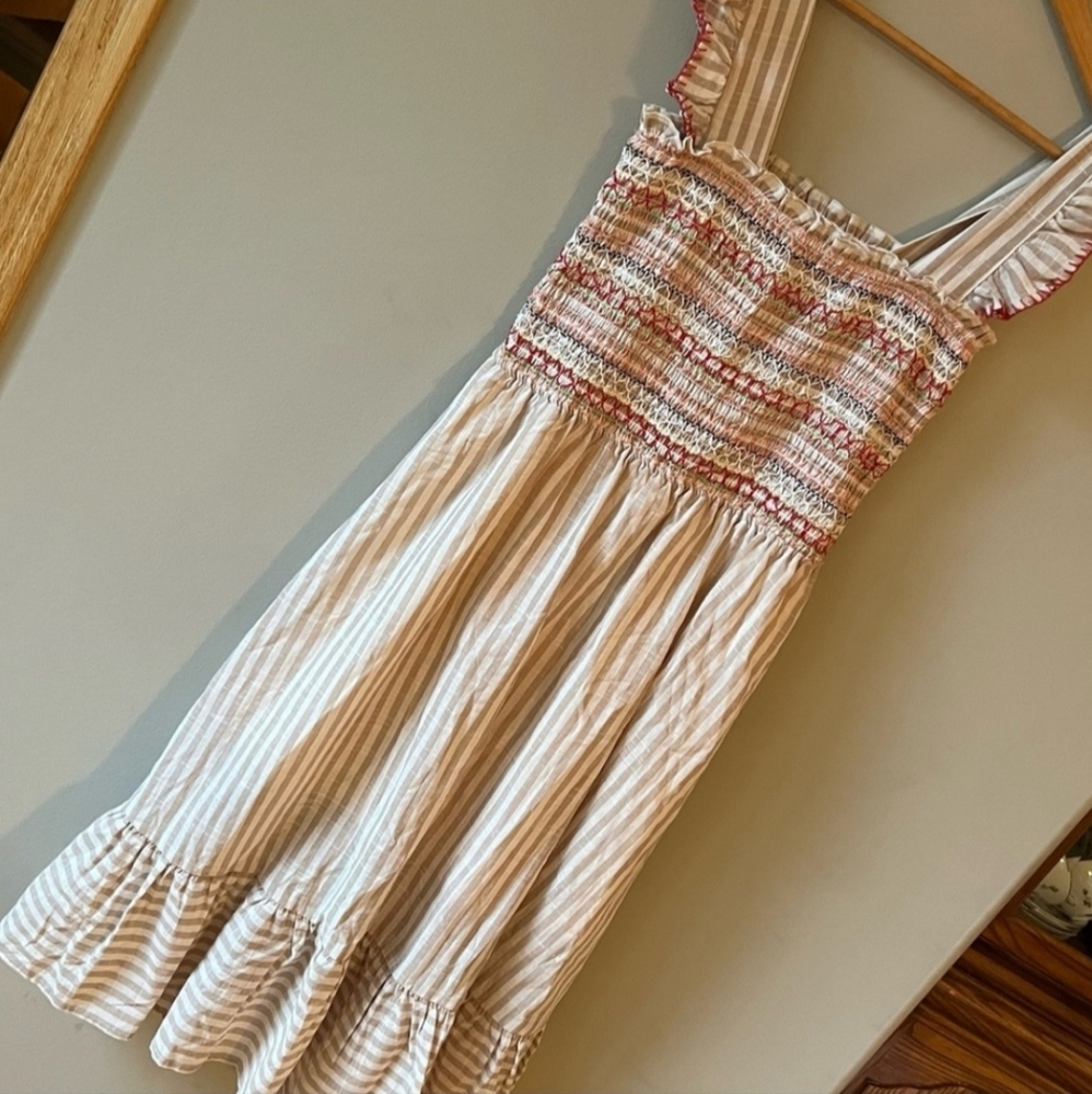 Striped & Colorful Smocked Midi Dress with Ruffle Hem & Straps by Inspired Heart